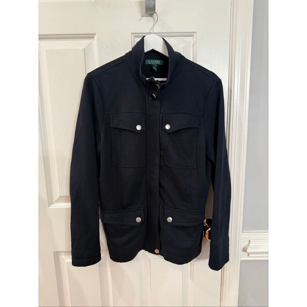 Lauren Ralph Lauren Black Jersey Funnel Neck Zip Button Jacket sz L EUC